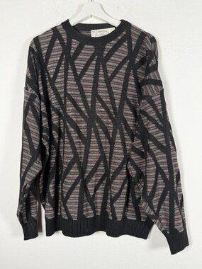 VTG St. Croix Knits Mens Large Black Multicolor Geometric Sweater Bert Schroeder